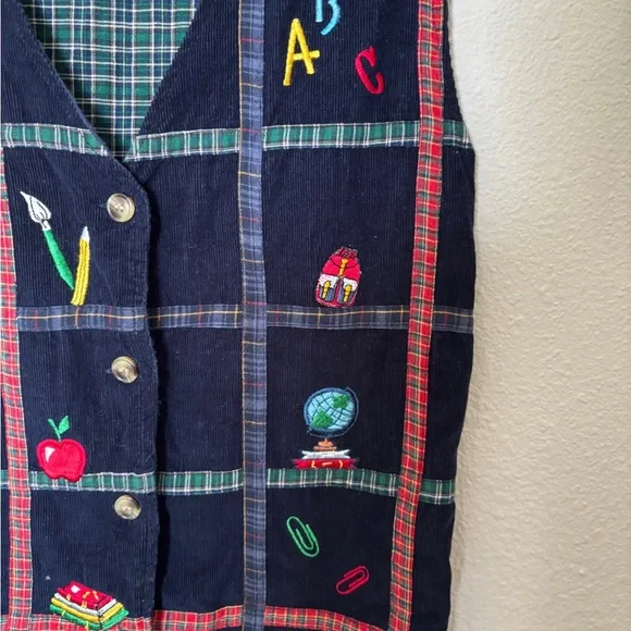 Teachercore School-Themed Corduroy Vest with Plaid Trim - Picture 3 of 5